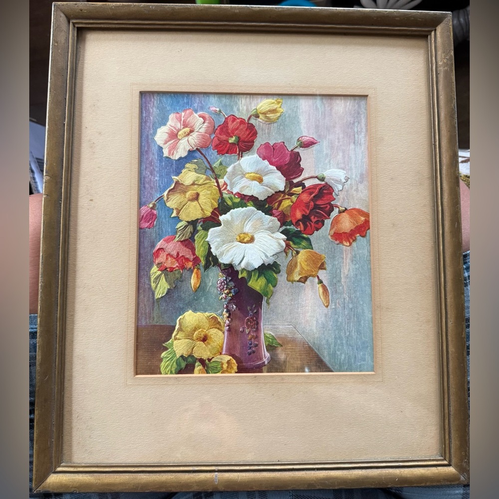 Vintage Hand Crafted Floral Painting with Red, Yellow, and White Blooms